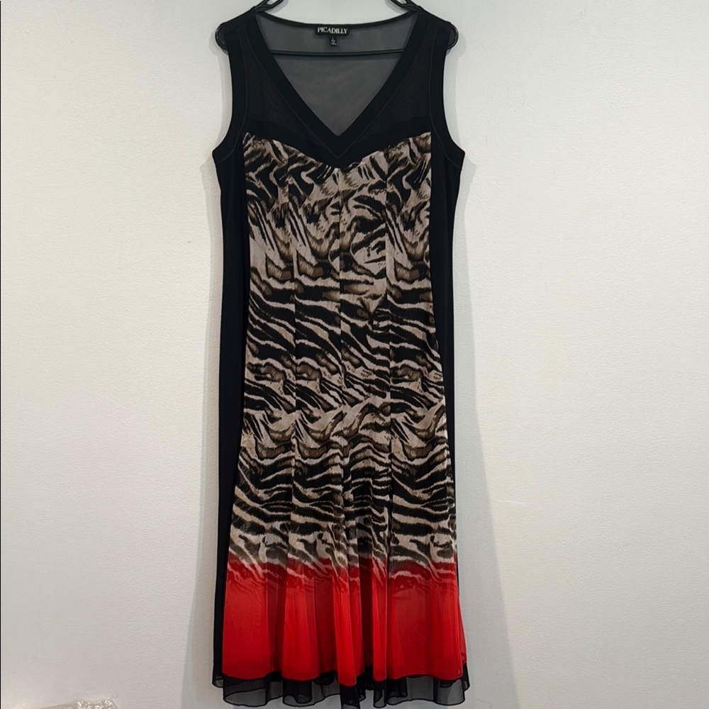 Picadilly Black and Red Pleated Sheath Midi Zebra Print Dress - Size Large